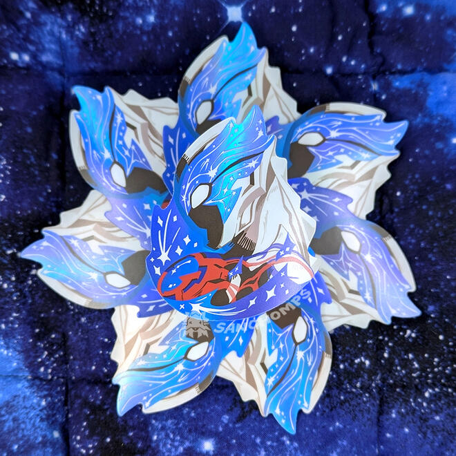 Holographic sticker with white ink. Design based on Ultraman Blazar, 2023.